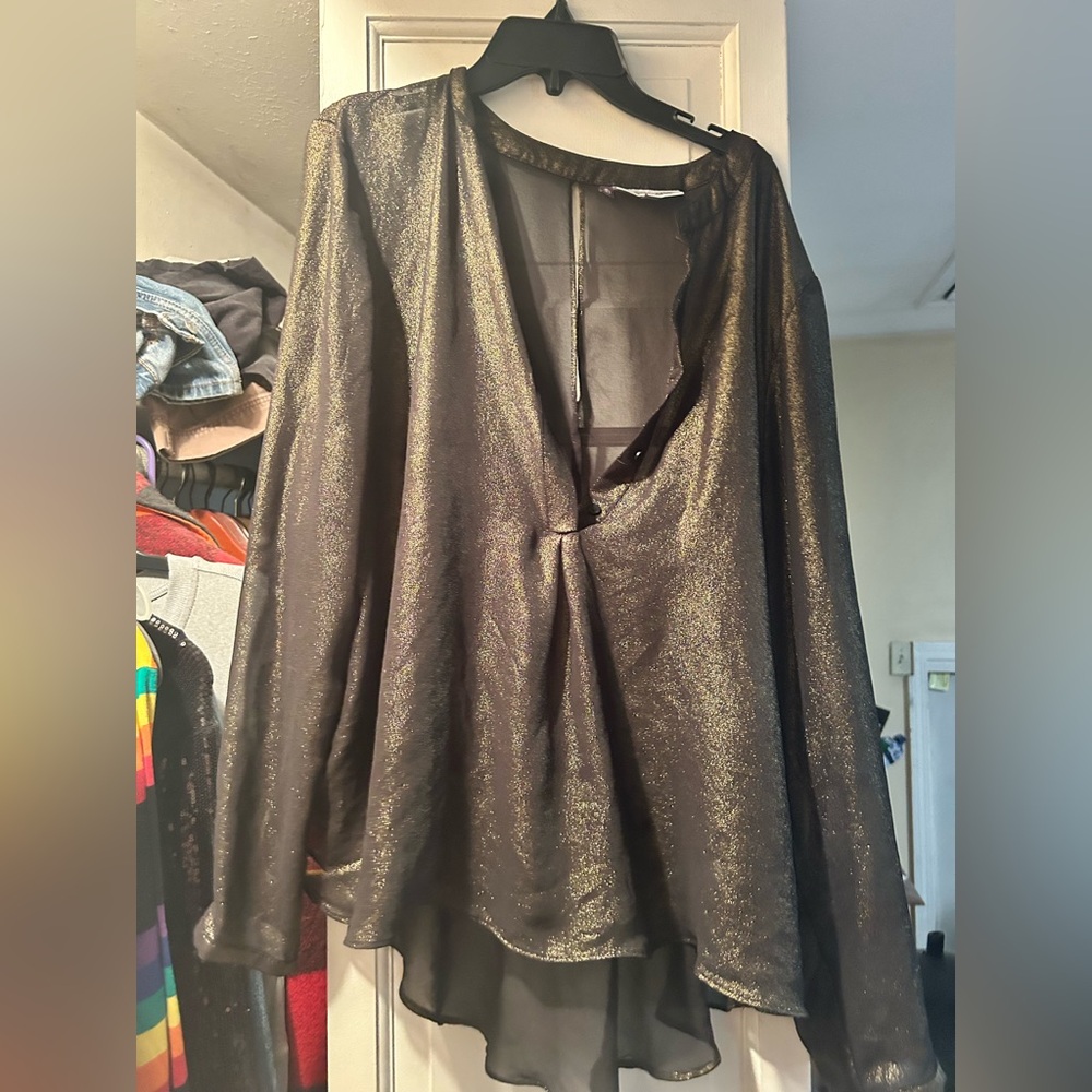 Jennifer Lopez Black Sheer Metallic Long-Sleeve Blouse